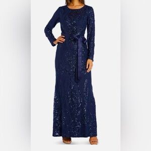 R&M Richards Elegant Navy Sequin Evening Gown